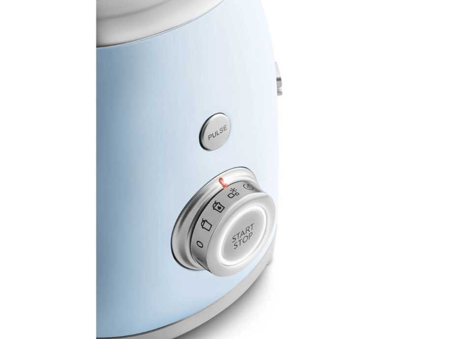 Commandes blender Smeg bleu pastel avec bouton pulse et sélecteur programmes et start stop