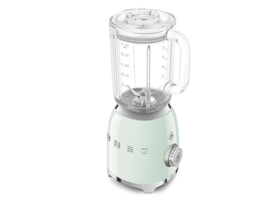 Blender Smeg vert d'eau vintage avec bol transparent et commandes rotatives vitesses