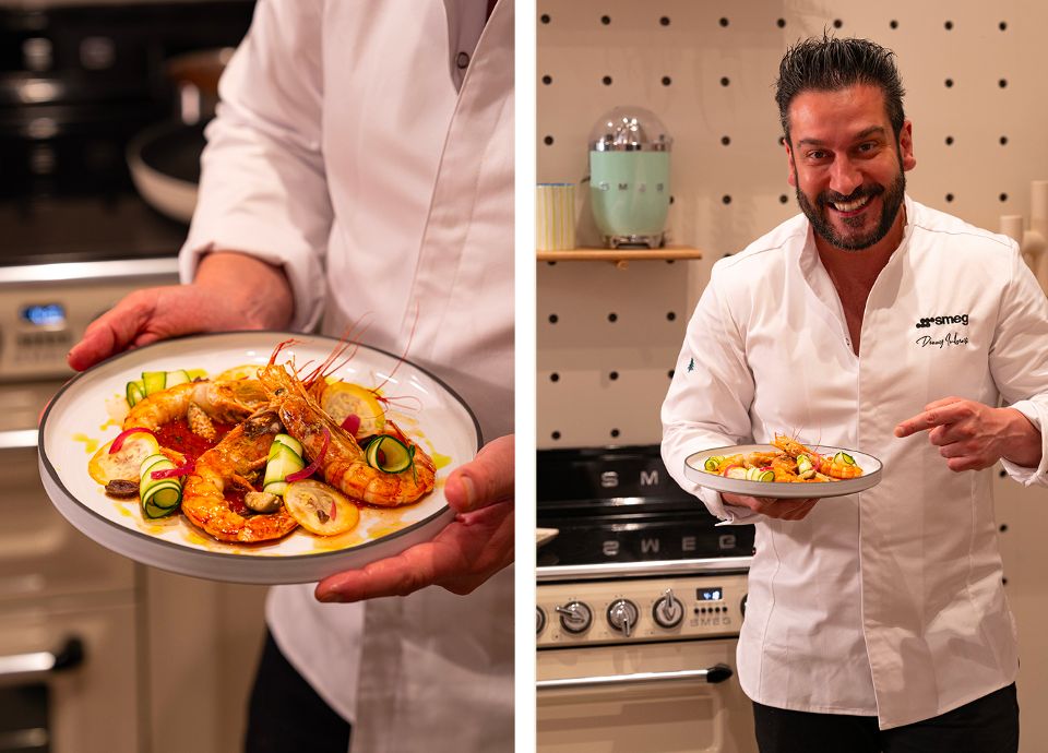 Gambas snackées, sauce arrabbiata et légumes ensoleillés par Denny Imbroisi