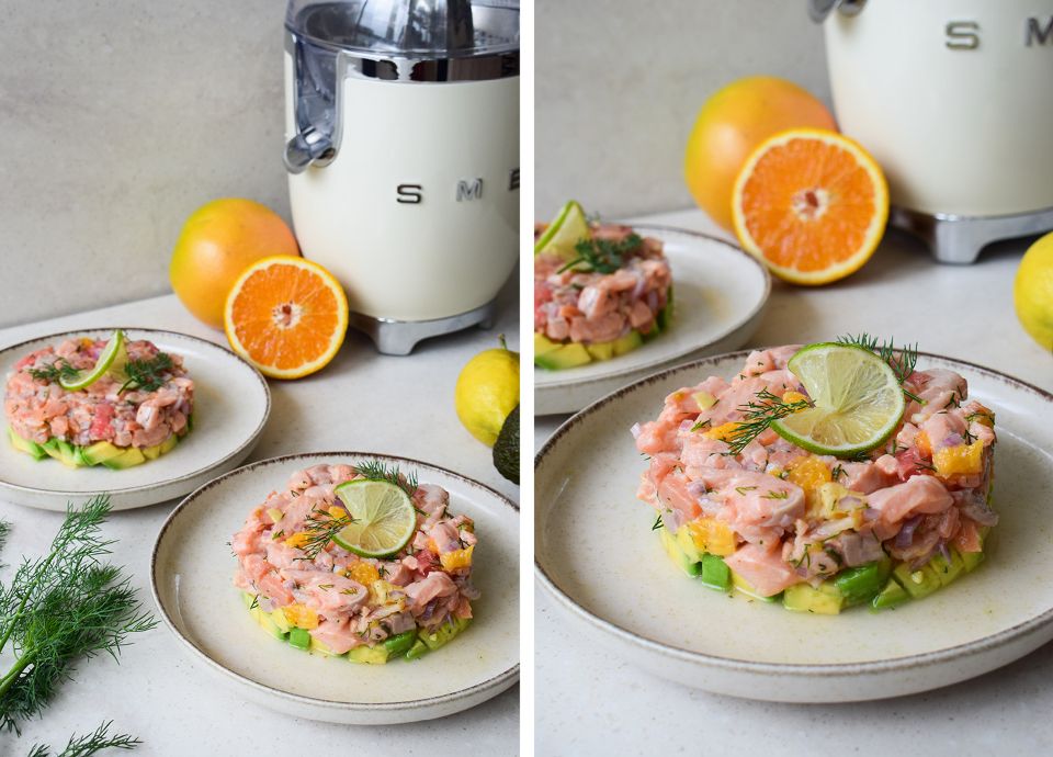 Le tartare de saumon aux agrumes de smeg avec le presse-agrumes