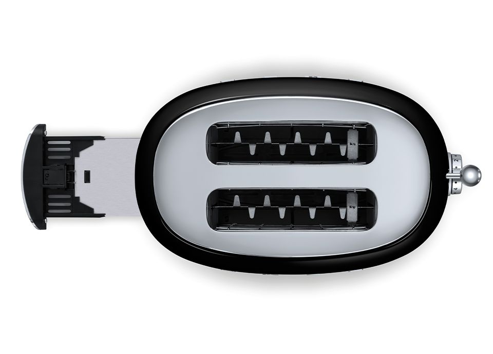 Grille-pain 2 tranches Smeg noir vue du dessus avec tiroir ramasse-miettes.