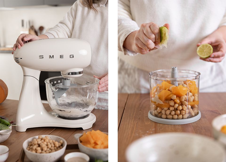 Cuttlefish ink Halloween focaccia with pumpkin hummus, purple cabbage, gorgonzola and spinach