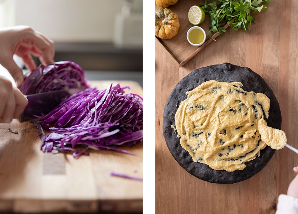 Cuttlefish ink Halloween focaccia with pumpkin hummus, purple cabbage, gorgonzola and spinach