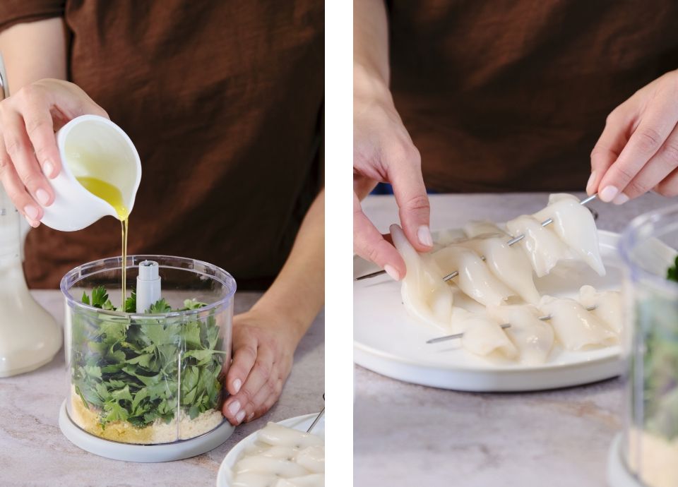 Squid skewers, green breadcrumbs and crispy mediterranean vegetables