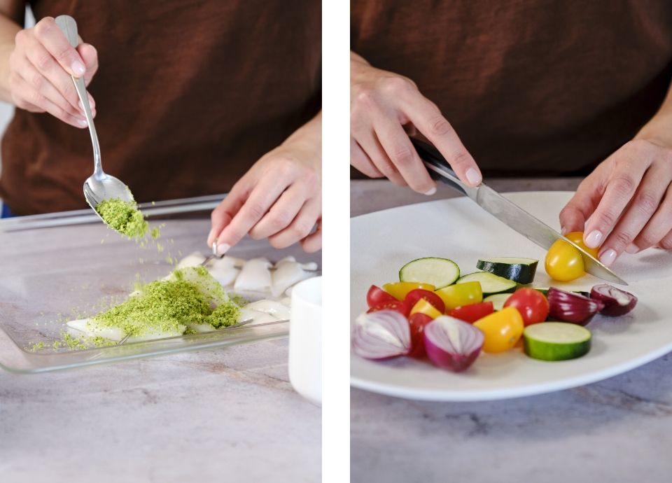 Squid skewers, green breadcrumbs and crispy mediterranean vegetables