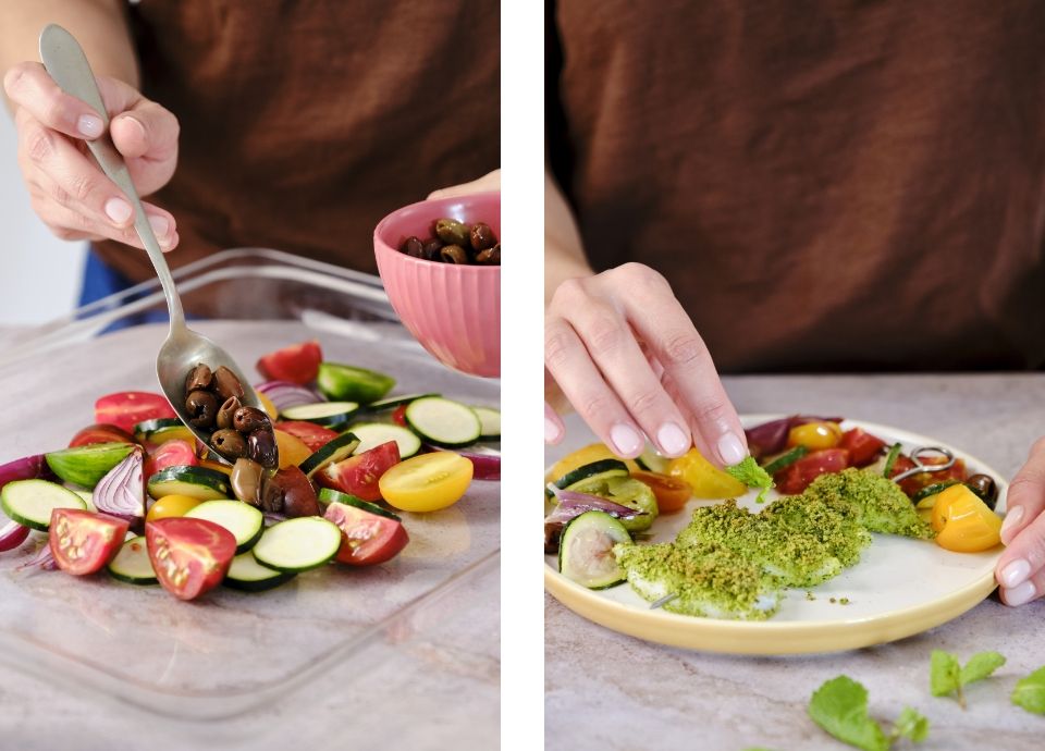 Squid skewers, green breadcrumbs and crispy mediterranean vegetables