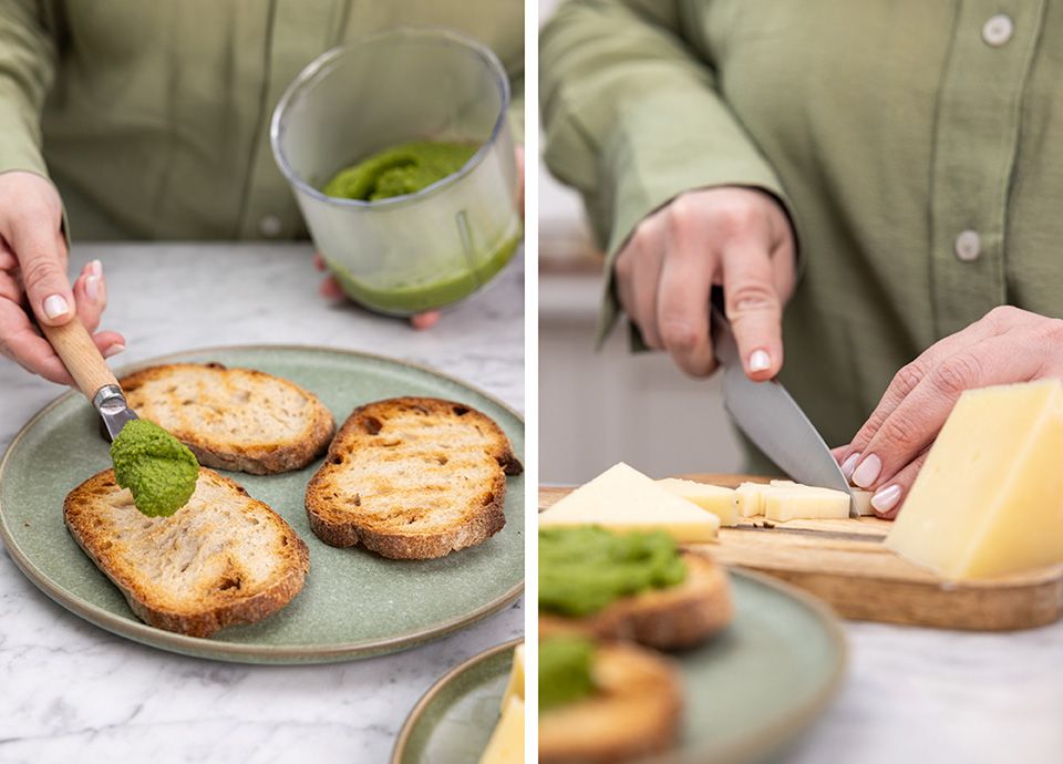 Come preparare i crostoni con hummus di piselli e formaggio