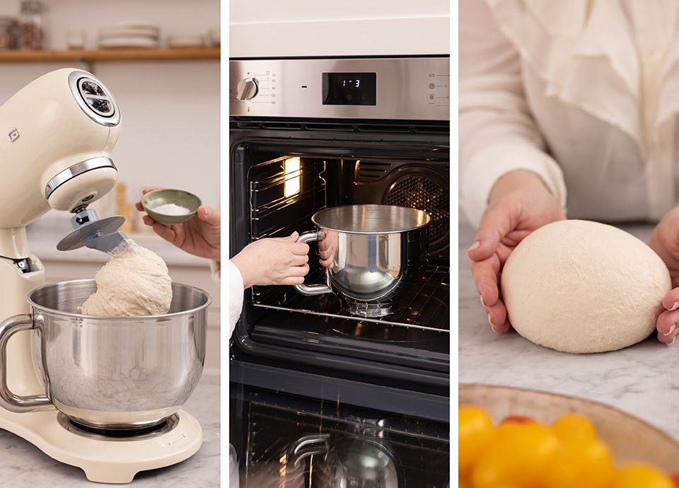 Pizza margherita con prosciutto crudo, pomodorini gialli, burrata e olio al basilico