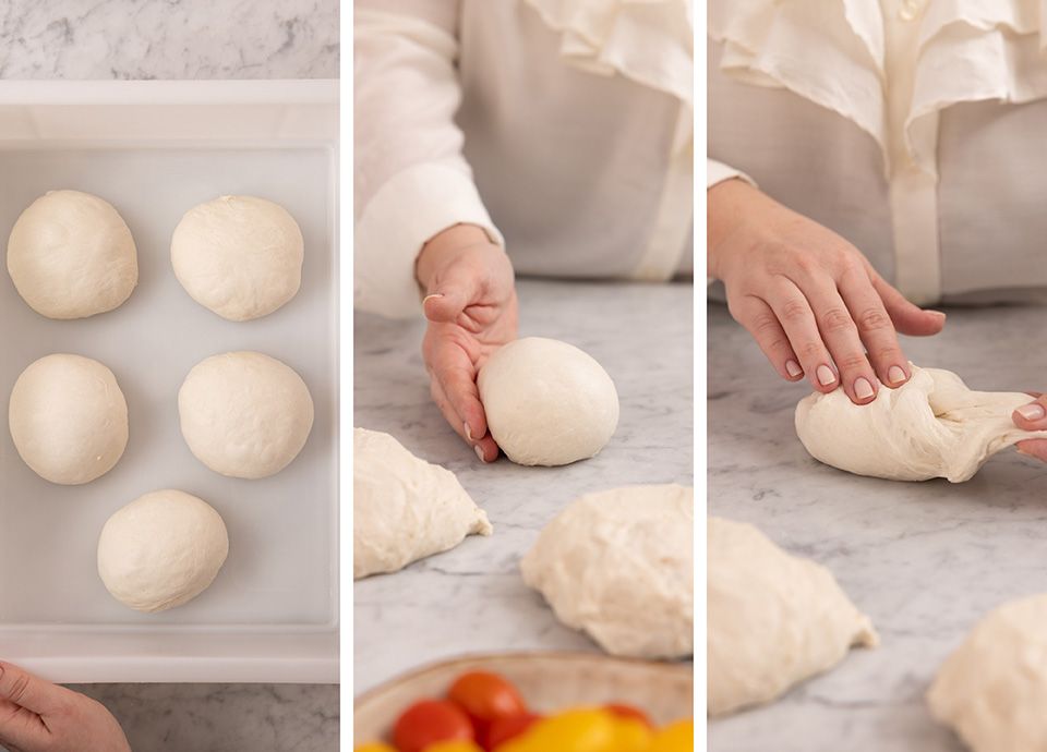 Pizza margherita con prosciutto crudo, pomodorini gialli, burrata e olio al basilico