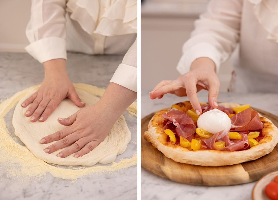 Pizza margherita con prosciutto crudo, pomodorini gialli, burrata e olio al basilico