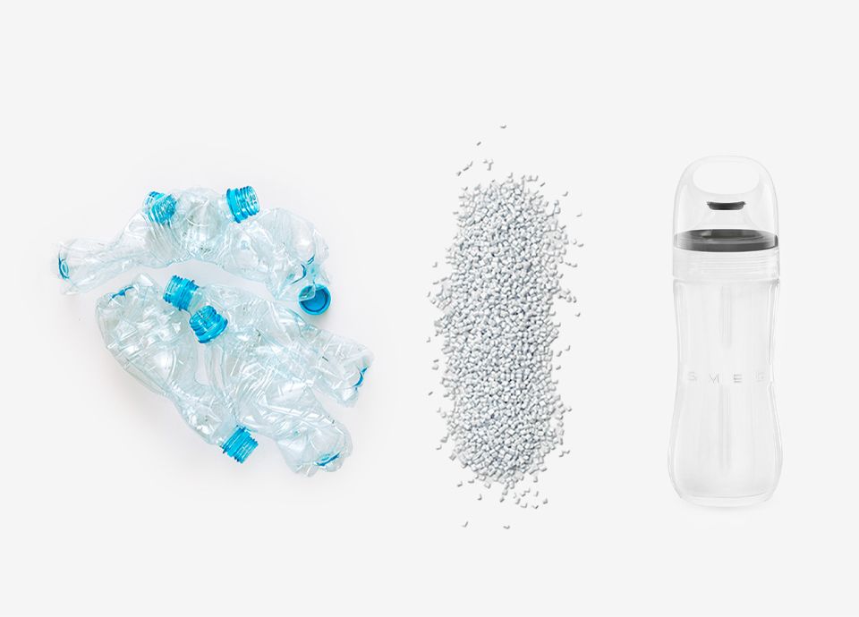 Product lifecycle from plastic bottle, to PET flakes, to the final product