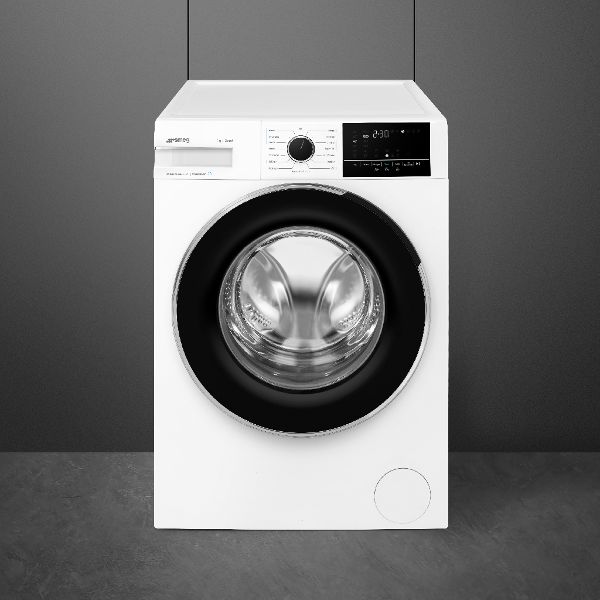 Lavabiancheria bianca con oblò bordato nero e manopola e display comandi nero