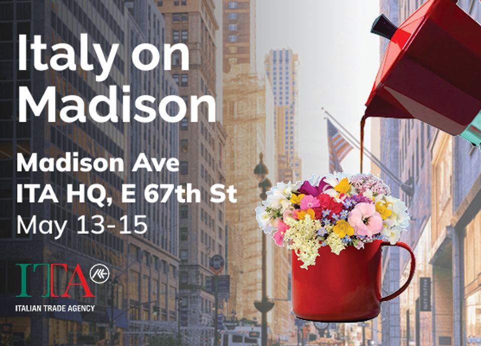 Italian moka pot pouring coffee over floral vase with New York skyline backdrop, symbolizing Smeg’s fusion of Italian culture and design in NYC.