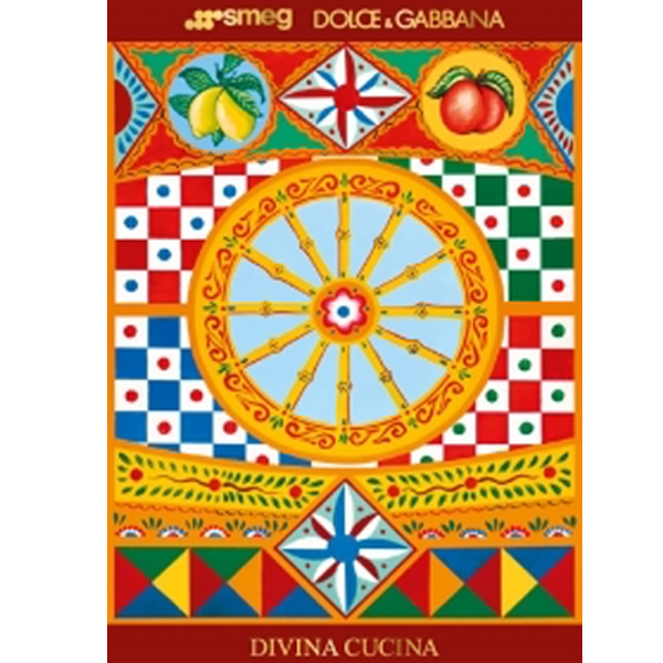 Immagine della copertina del catalogo Smeg Divina Cucina - progetto realizzato in collaborazione con Dolce&Gabbana. La copertina presenta disegni con temi tipici della tradizione artistica siciliana con colori accesi quali giallo, rosso, blu