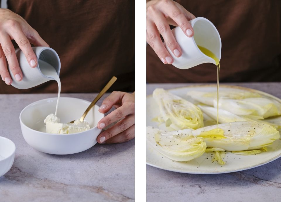 Endive with orange sauce, robiola and pistachios