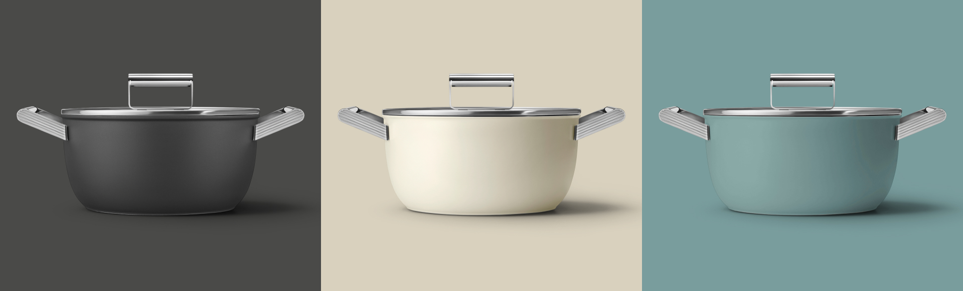 A graphic composition showing three casseroles. The colors of the pans are, from left to right, black, cream and emerald green.