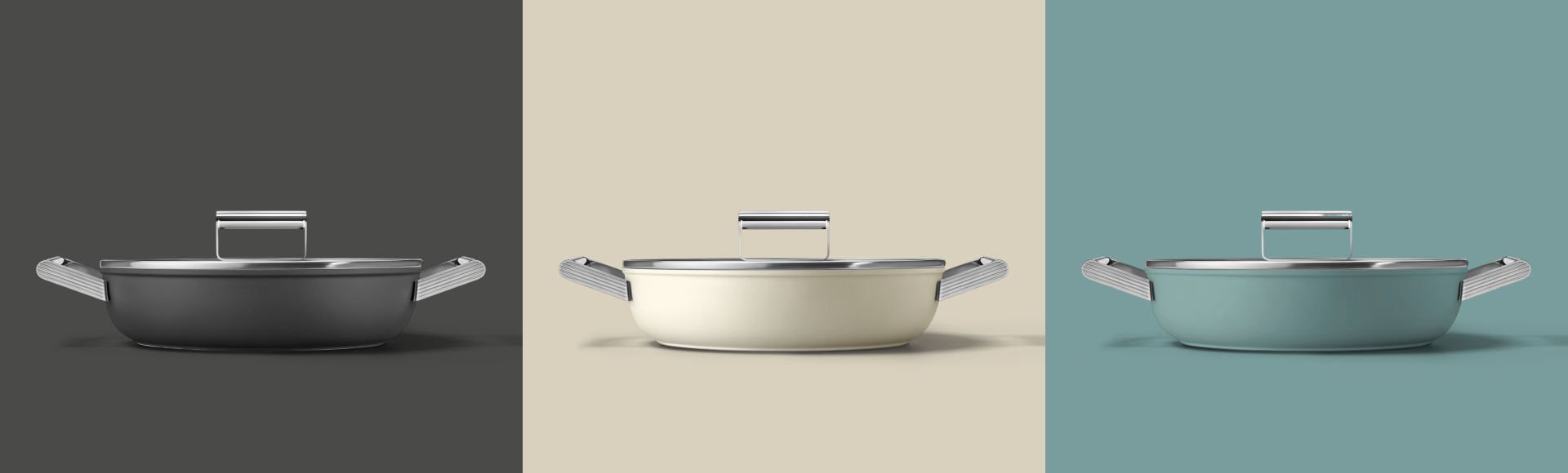 A graphic composition showing three deep pans. The colors of the pans are, from left to right, black, cream and emerald green.