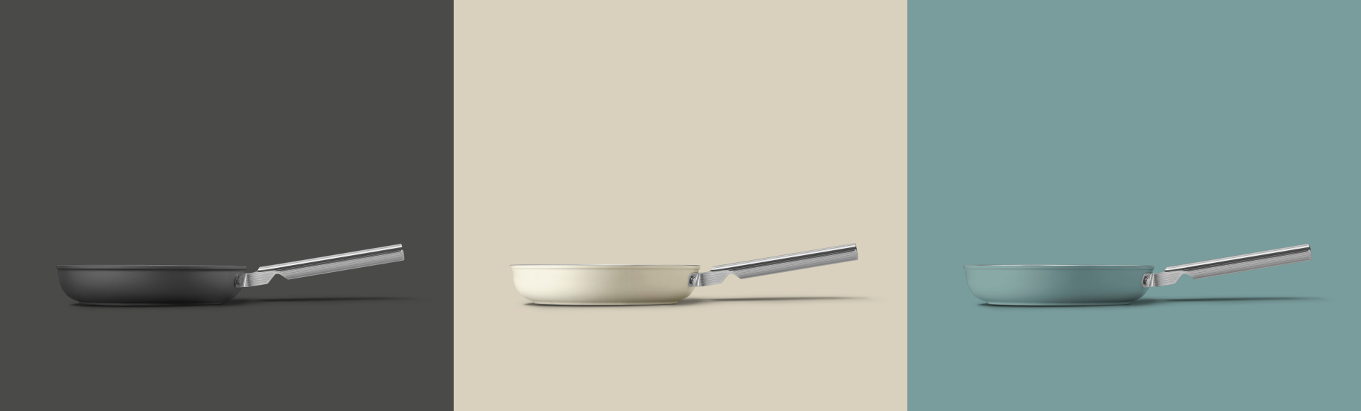 A graphic composition showing three frying pans. The colors of the pans are, from left to right, black, cream and emerald green.