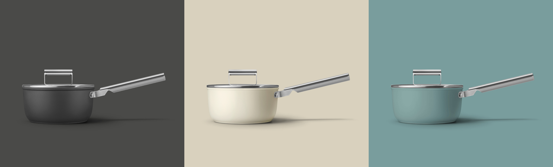 A graphic composition showing three saucepans. The colors of the pans are, from left to right, black, cream and emerald green.
