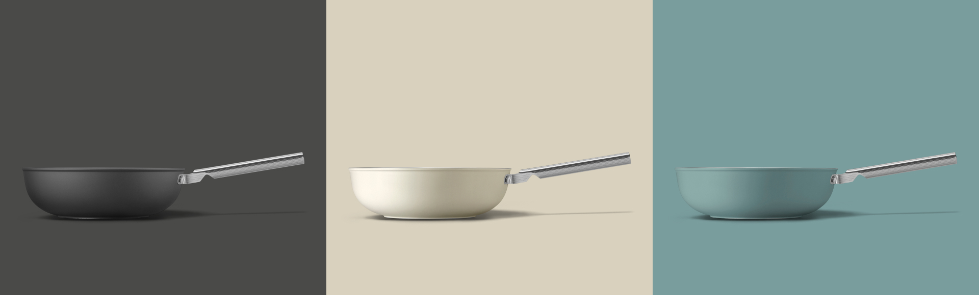 A graphic composition showing three woks. The colors of the pans are, from left to right, black, cream and emerald green.