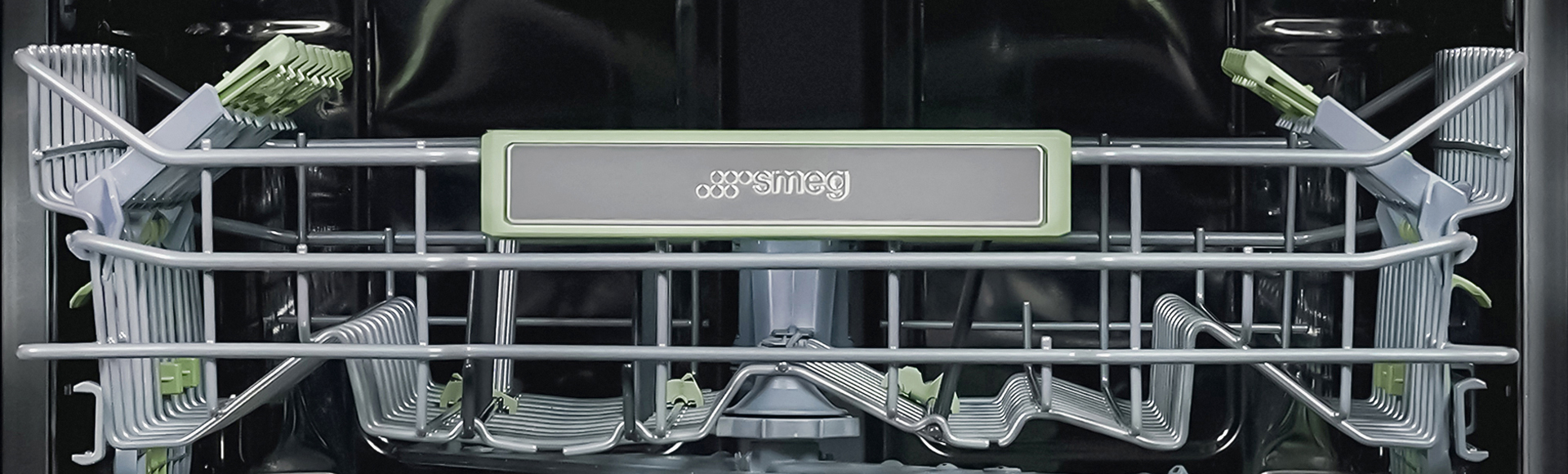 Internal view of the upper rack of a dishwasher, designed to hold glasses and smaller items