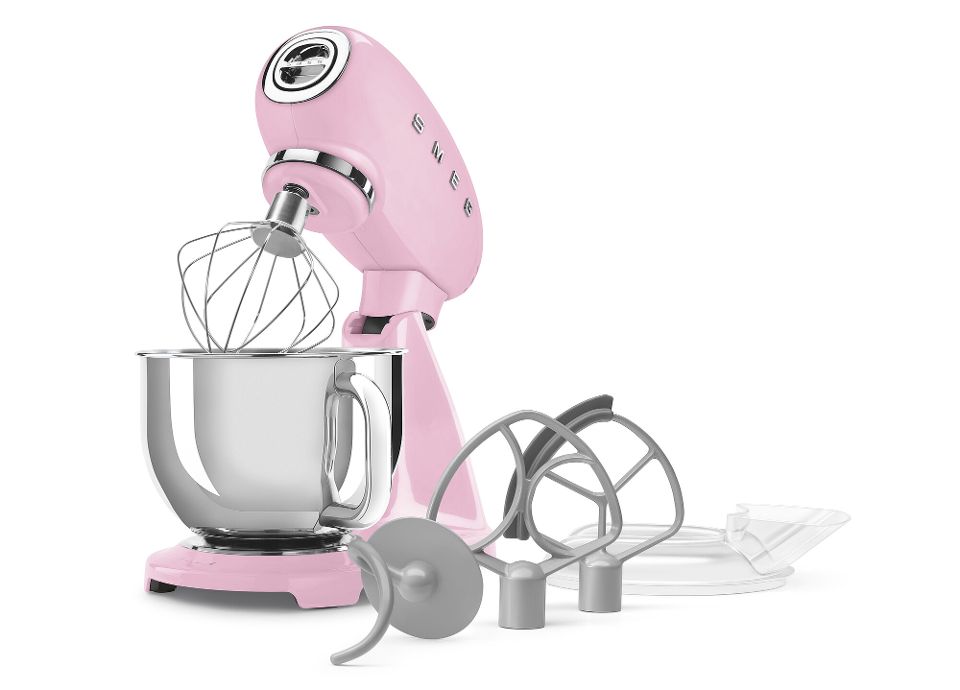 Pink SMEG Stand Mixer with accessories