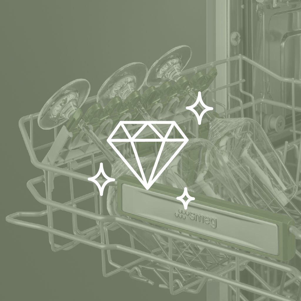 A dishwasher rack holds sparkling clean glasses, with a diamond icon and sparkles overlaying the image, emphasizing shine.