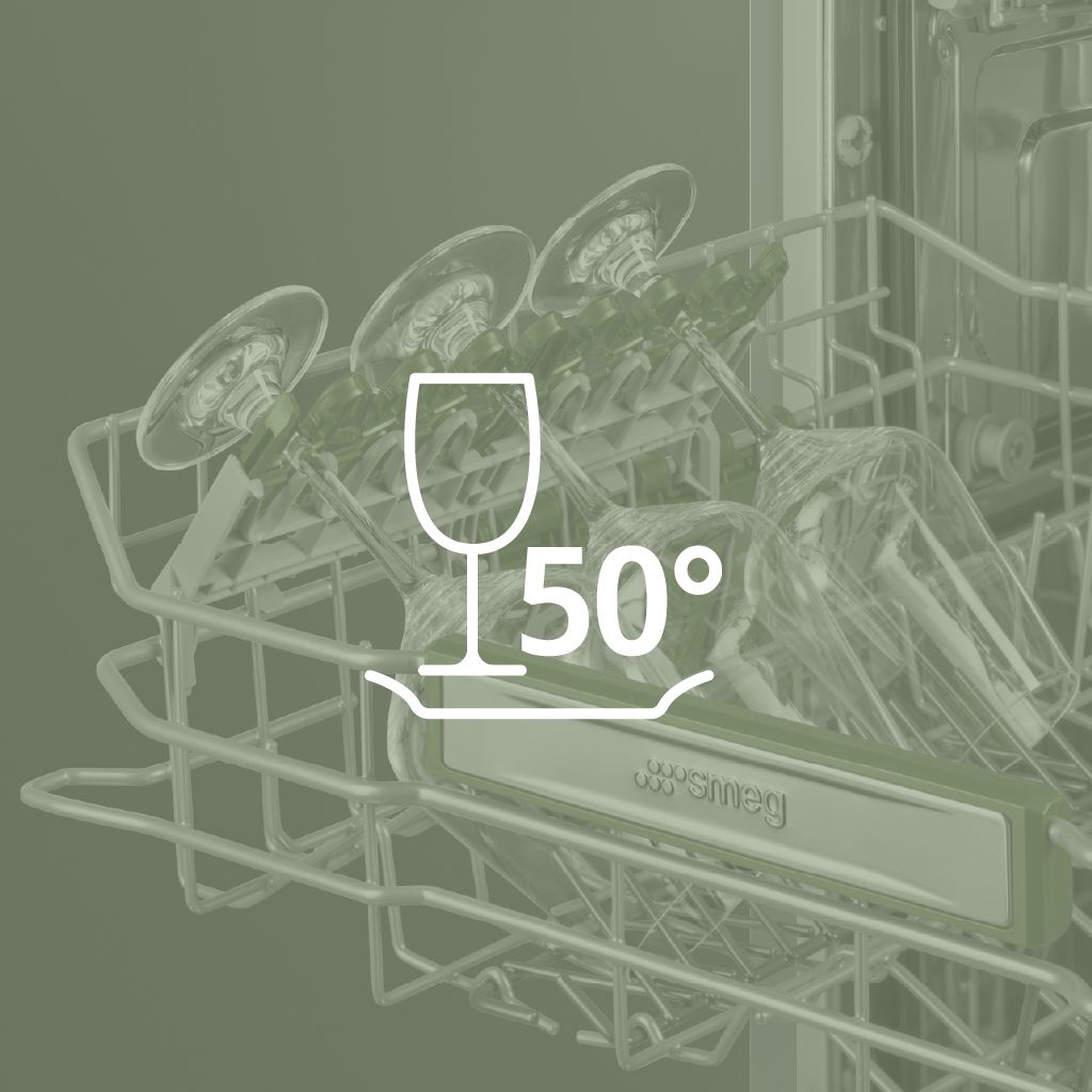 A wine glass with a 50° symbol in front. In the background, wine glasses are secured in the lower basket of a dishwasher