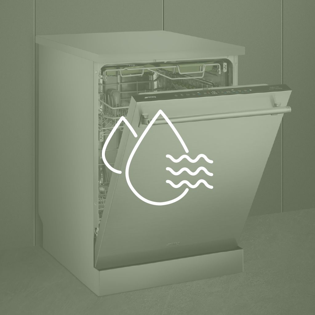 A Smeg dishwasher with its door ajar, featuring a large icon of water droplets and wavy lines, signifying a drying function.