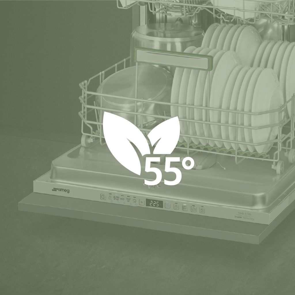 Icon with 2 leaves and 55° text. In the background, an open dishwasher with clean dishes inside