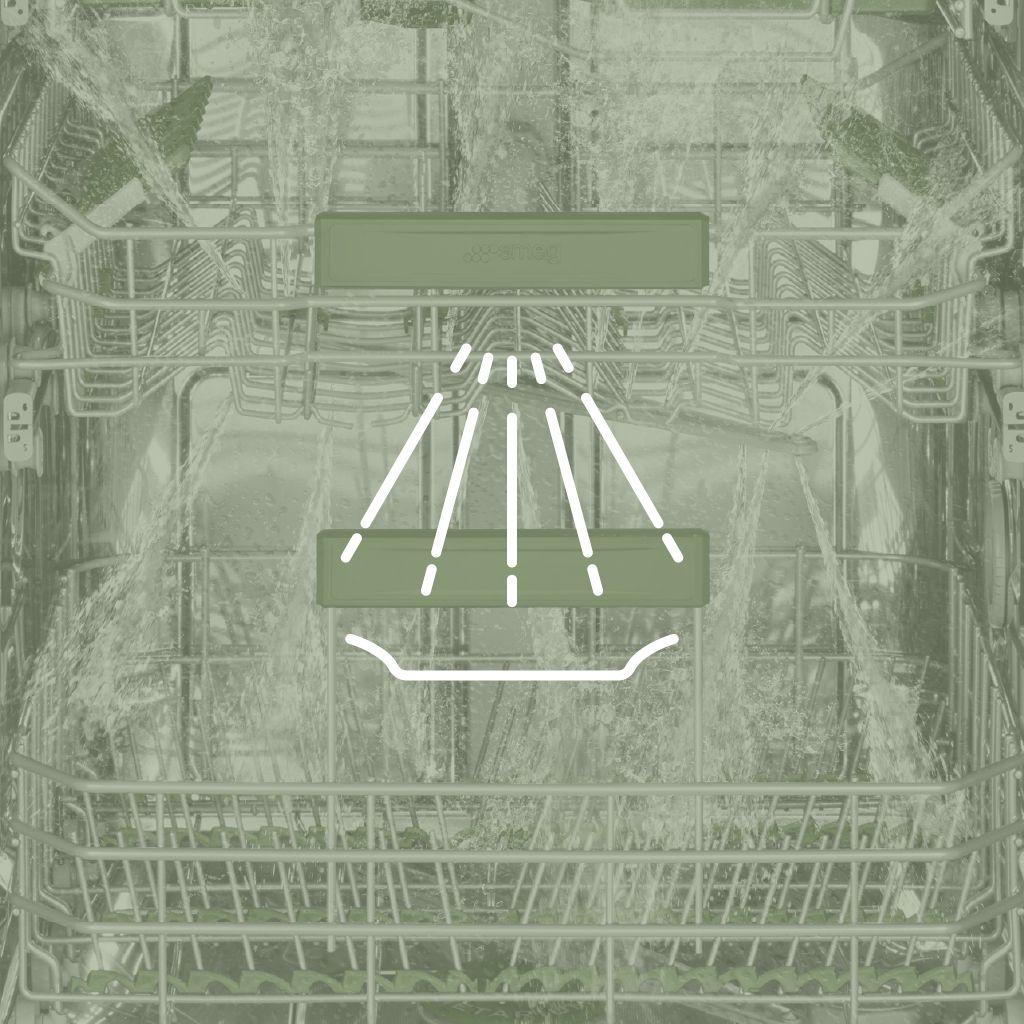 The interior of a dishwasher with water spraying from the upper and lower spray arms onto the racks