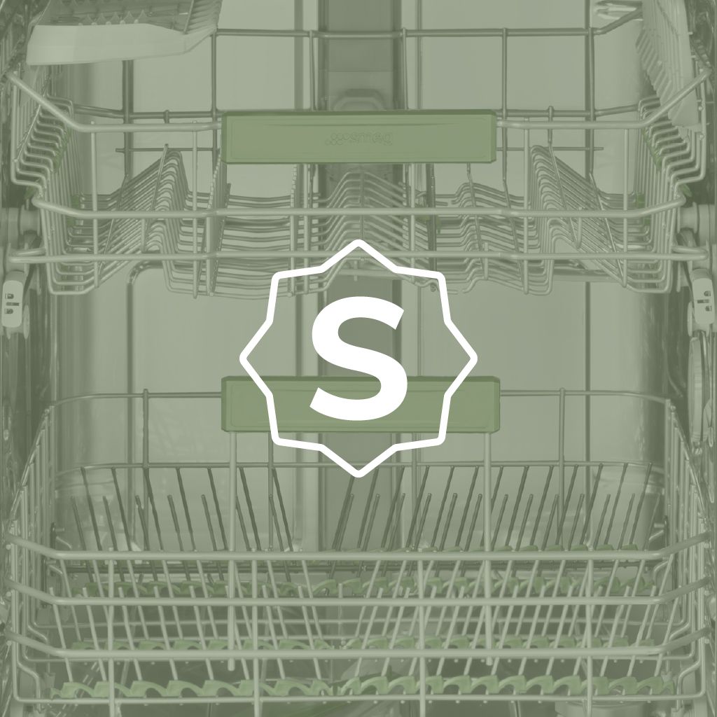 The interior of a dishwasher, with a prominent "S" icon in a stylized border, representing special functions