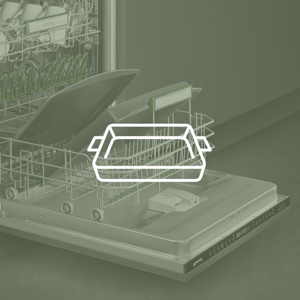 Tray icon. In the background, an open dishwasher with clean trays in the lower basket