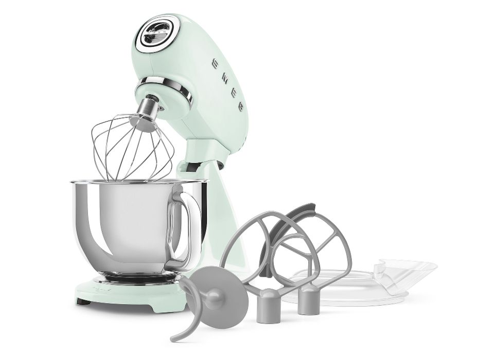Pastel green SMEG Stand Mixer with accessories by side