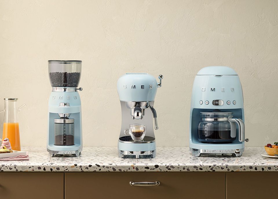 Smeg Coffee Grinder, Espresso Coffee Machine and Drip Filter Coffee Machine in Pastel Blue