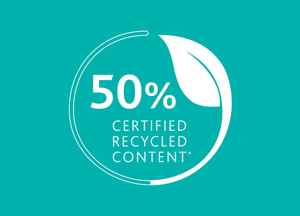 50% GECERTIFICEERD GERECYCLED MATERIAAL*