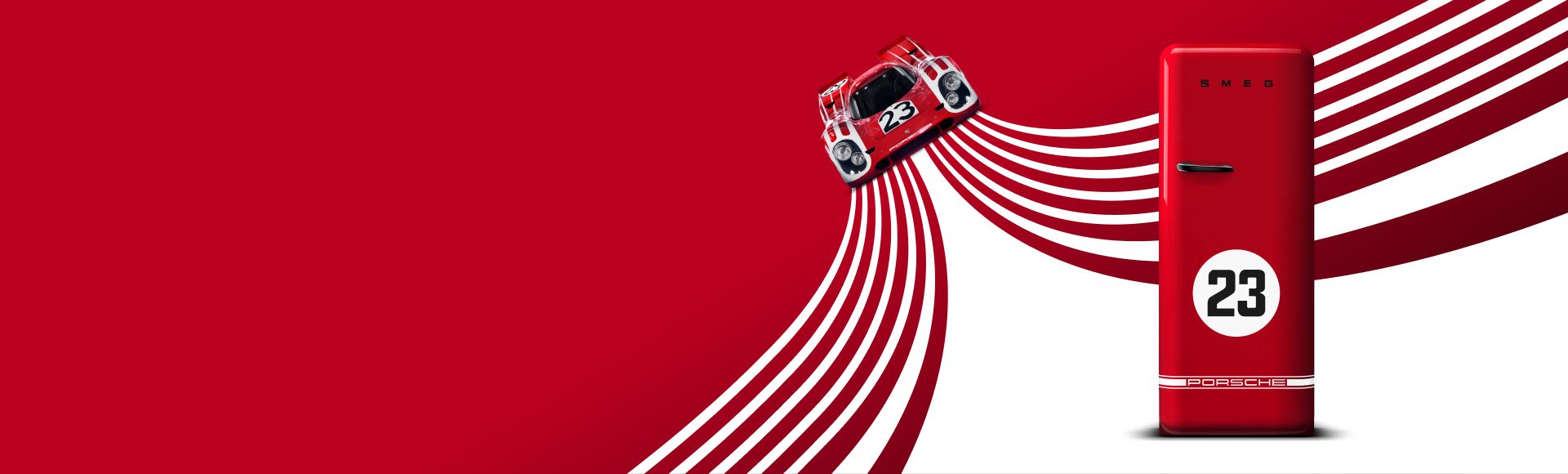 A dynamic and visually rich key visual set against a bold red background, created for the launch campaign of the Porsche X SMEG collaboration. The scene features the legendary Porsche 917 KH race car in its iconic Salzburg livery, entering dramatically from the left as it follows a graphically reimagined version of the Le Mans racetrack. The car is heading toward a SMEG appliance: a red FAB refrigerator, fully customized with Porsche 917 KH Salzburg livery elements, including the famous number 23. The composition celebrates speed, design, and heritage, blending motorsport excellence with premium home appliance aesthetics.
