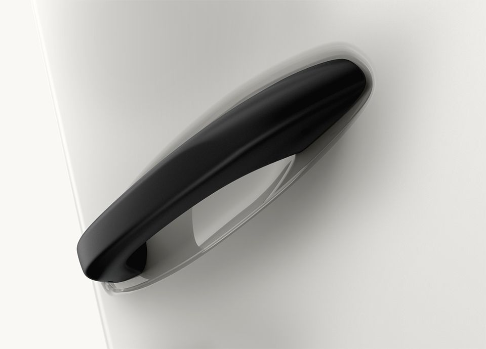 Detail of the refrigerator FAB in colour carrara white with black matte handle.