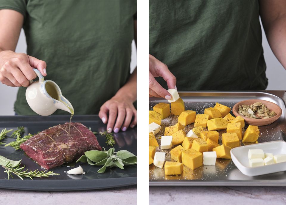 Roasted beef tenderloin, chimichurri and roasted pumpkin with cardamomo