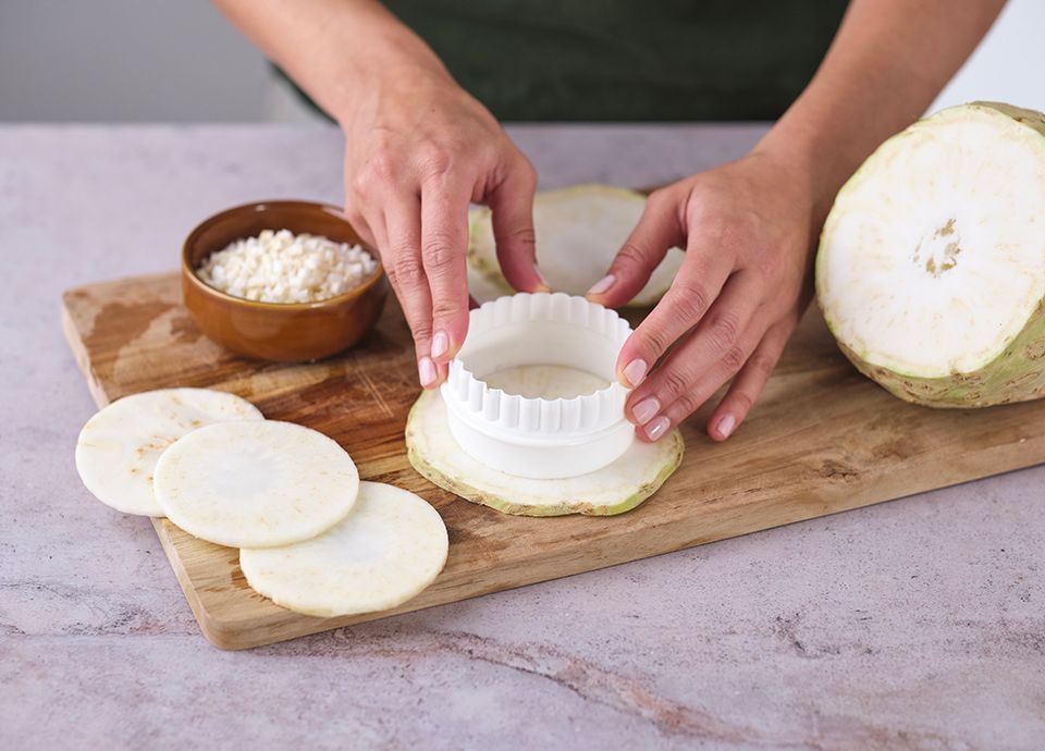 Millefeuille of celeriac gratin, ricotta cheese, spinach and parmesan chips
