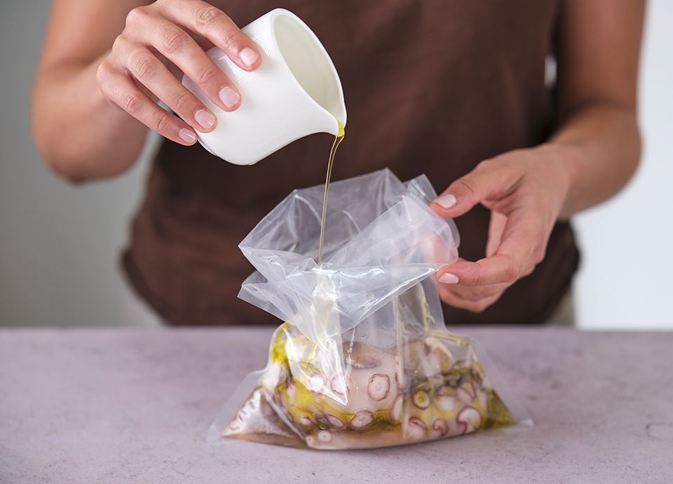 Roasted octopus on broccoli cream