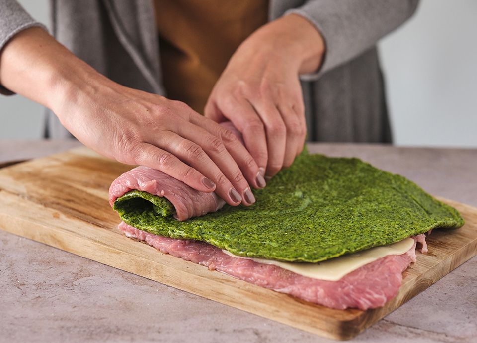 Stuffed veal roll and hasselback potatoes