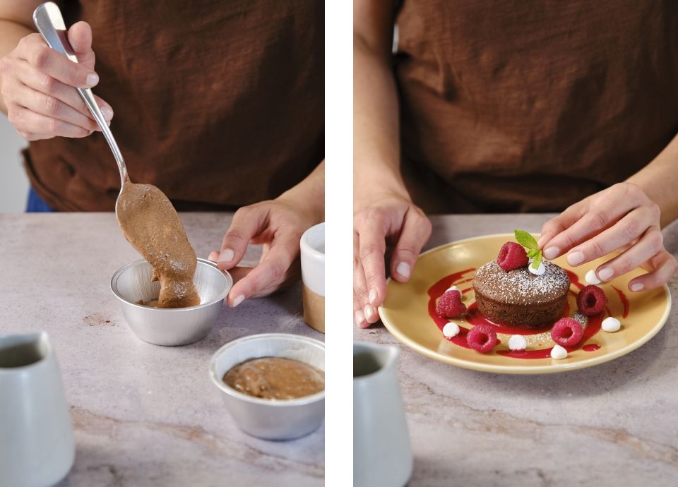 Chocolate cupcake with a dripping heart and raspberry coulis