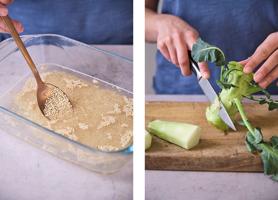 Buddha bowl with quinoa patties, broccoli stems and spinach