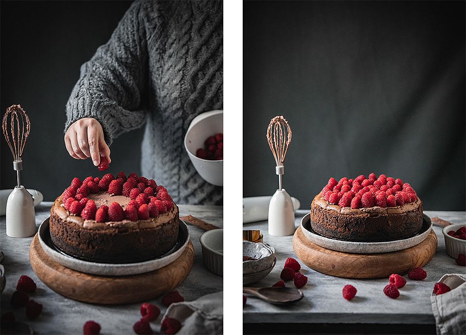 Valentine's Day cheescake with salted chocolate ganache and raspberries