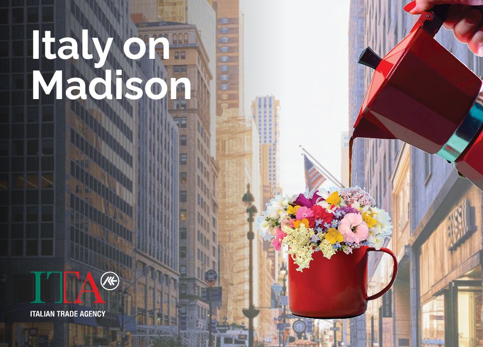 Italian moka pot pouring coffee over floral vase with New York skyline backdrop, symbolizing Smeg’s fusion of Italian culture and design in NYC.