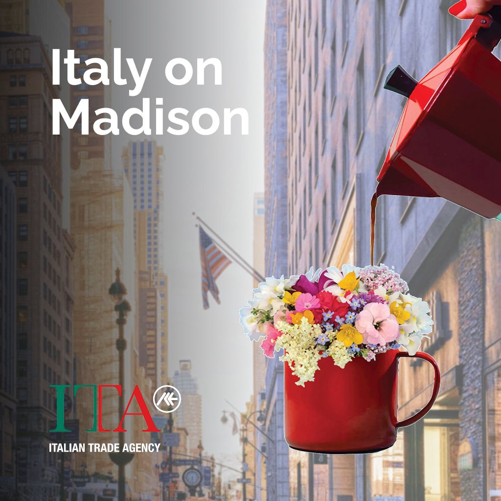 Italian moka pot pouring coffee over floral vase with New York skyline backdrop, symbolizing Smeg’s fusion of Italian culture and design in NYC.