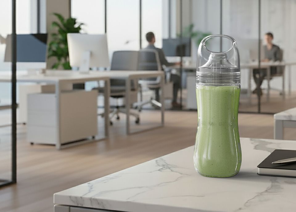 Smoothie di colore verde in una bottiglia trasparente SMEG Bottle-To-Go appoggiato su una scrivania in marmo in un ufficio moderno, con un quaderno e una penna accanto e persone che lavorano sullo sfondo.