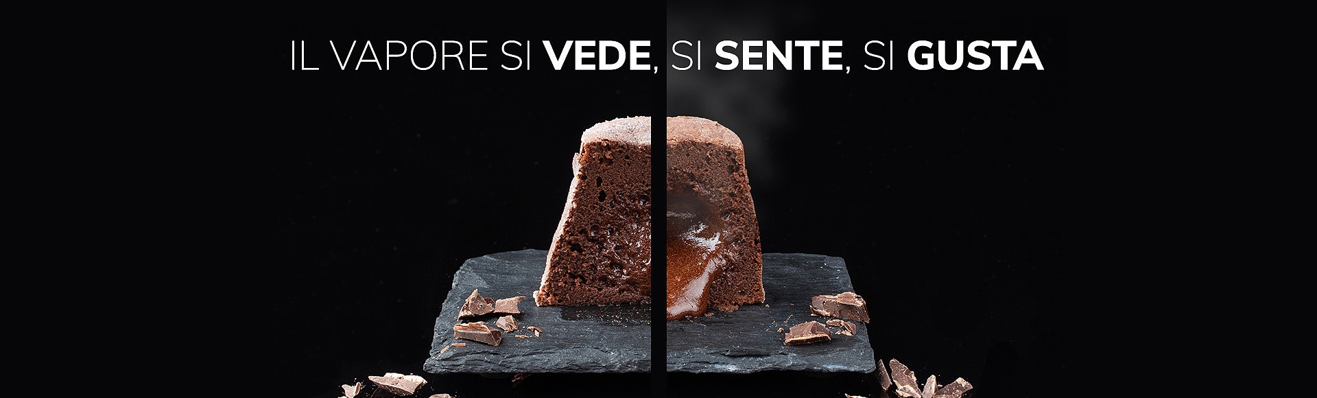 Immagine di un tortino al cioccolato. A sinistra realizzato con cottura tradizionale, a destra realizzato con cottura a vapore con risultato più morbido e fragrante